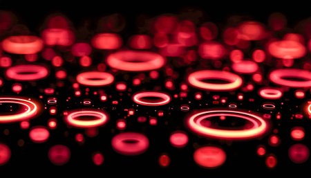 Vibrant digital canvas featuring glowing red rings and dynamic light streaks, evokes a futuristic,...
