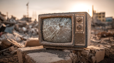 A broken, aged television lies among scattered wreckage across a desolate, ruined terrain, evoking a...