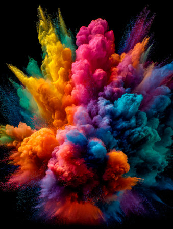 An energetic burst of vivid powders radiates outward, creating a mesmerizing contrast against a dark...