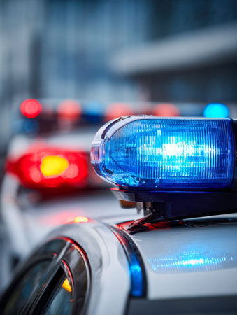 A detailed shot of a police vehicle's vibrant blue beacon, with blurred emergency lights and cars in...