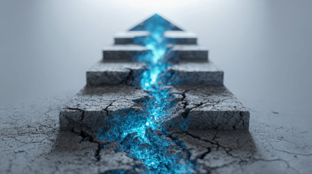 Weathered stairs with fractured surfaces and a vibrant blue crack radiating light, capturing the...