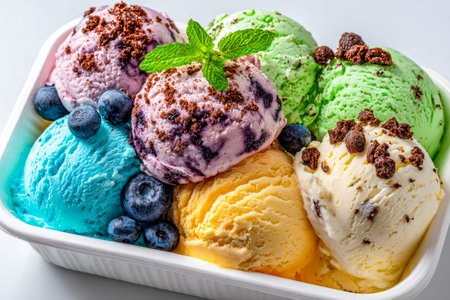 A vibrant assortment of pastel-hued ice cream scoops topped with juicy blueberries and fresh mint, creating a tempting, summery treat perfect for summer celebrations or dessertの写真素材