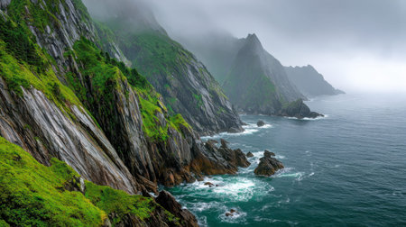 Towering, jagged cliffs cloaked in vibrant foliage rise sharply from churning seas, shrouded in mist...