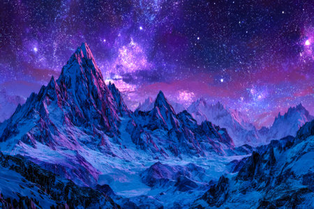 Towering peaks cloaked in snow reach into a glittering sky, where countless stars illuminate the...