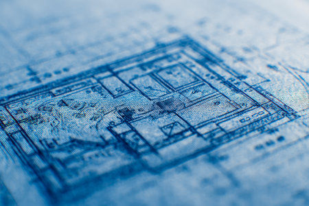 A vivid magnified view of a precision-crafted construction diagram, featuring complex spatial arrangements and technical sketches in striking blue ink on textured paper.の写真素材