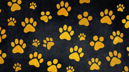 A lively arrangement of shimmering gold paw prints in diverse sizes dances across a rugged black...