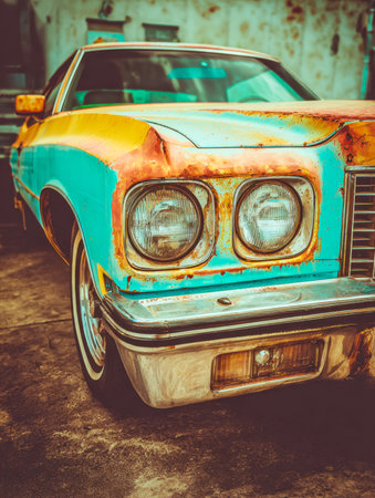 An aged automobile with peeling paint and a rugged surface stands amidst a gritty industrial backdrop, evoking nostalgia and historical charm.の写真素材