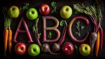 A vibrant display of red, orange, and purple produce, artfully arranged with lush green leaves,...