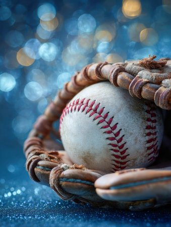 A vintage baseball rests silently in a battered glove, set against a shimmering bokeh backdrop that...