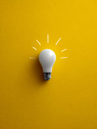Simplistic illustration of a glowing bulb radiating spontaneous sketches on a vivid yellow backdrop,...