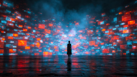 A woman amid vibrant, glowing data streams and geometric projections, embodying innovation and...