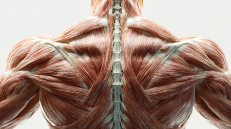An intricate display of back musculature, highlighting muscle groups and fibers in vivid detail,...