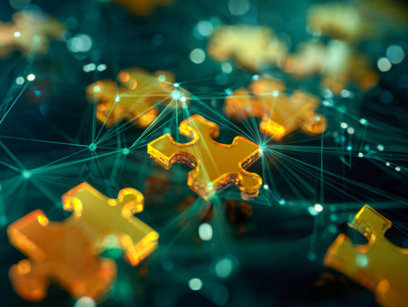 Illuminated amber segments link through a web of bright nodes, representing seamless data fusion and...