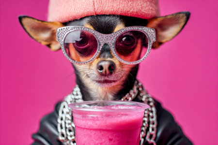 A chic tiny pupsports glam accessories, including sparkling shades and a pink hat accentuated by chains, standing confidently beside a matching pink beverage on a brightの写真素材