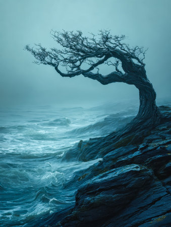 A lone, gnarled tree leans into fierce gusts atop jagged cliffs, with restless waves crashing below, embodying resilience amid nature's tempest.の写真素材