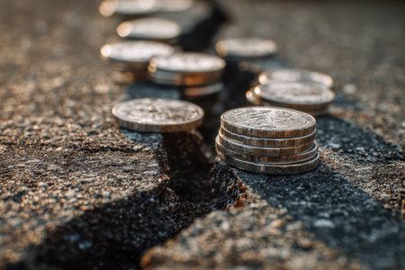 A neat pile of metallic coins rests on textured, weathered ground, evoking stability and enduring financial strength amidst challenges.の写真素材