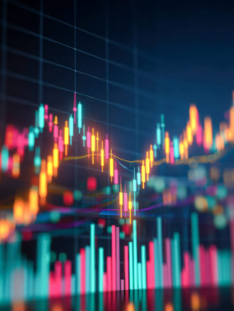 An energetic display of illuminated candlestick patterns and real-time financial metrics against a...
