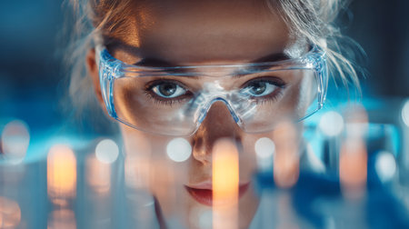 A dedicated female researcher in safety goggles examines luminous samples in a sleek, high-tech lab under soft nighttime illumination, embodied innovation and precision.のeditorial素材