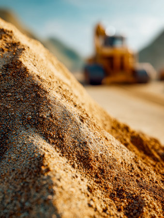Granular textures of sand dominate the foreground, while a heavy-duty machine blurs into the...