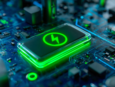 A sleek, innovative device featuring a vibrant green energy symbol pulsing on an intricate circuit...