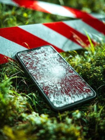 A broken mobile device with a cracked display rests on lush grass, cordoned off by caution tape,...