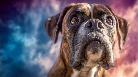 A soulful brindle-coated dog gazes softly, set against a vibrant sky painted with swirling hues,...
