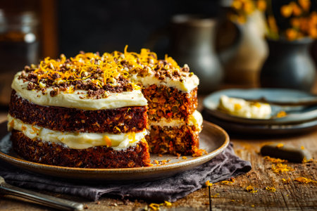 A luscious, moist cake layered with tangy cream cheese topping, crowned with vibrant shredded orange...