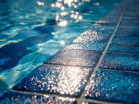 Warm sunlight dances across glossy tiles, creating sparkling reflections that mimic the lively...