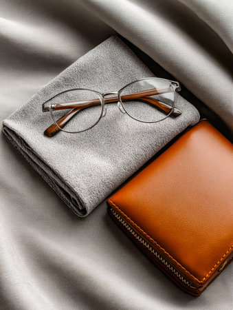 An elegant setup featuring a smooth satin background, a neatly folded gray fabric, a refined leather...
