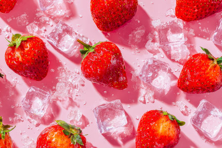 Juicy red strawberries paired with glistening ice cubes create a vibrant, refreshing scene against a...