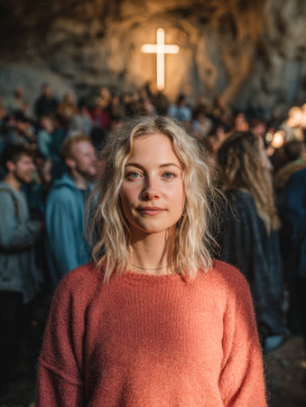Amidst a gathered group in a shadowy cavern, a serene young woman stands in stillness, her presence illuminated by a radiant cross, evoking introspection and collective hope.のeditorial素材