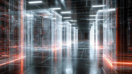 A sleek, high-tech environment featuring a luminous neon web of interconnected lines and floating...