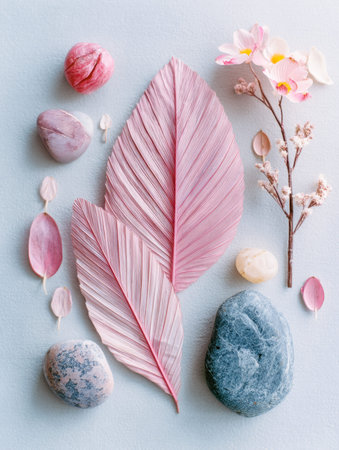 Soft pink foliage and fragile blooms rest atop polished stones, set against a gentle pastel backdrop...