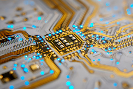 A detailed view of a modern electronic platform featuring intricate pathways and vibrant blue...