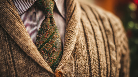 A refined gentleman's ensemble featuring a richly woven blazer, complemented by a intricately...