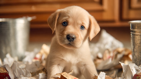 A charming golden retriever pup amidst scattered torn pages, nestled in a warm, inviting space with gentle lighting and rustic wooden decor for cozy vibes.の写真素材