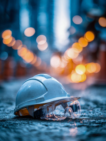 A safety helmet and protective glasses rest on rough ground, with glowing city skyline lights...