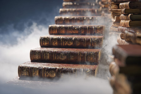 A surreal, dreamlike scene featuring a staircase crafted from vintage leather volumes, shrouded in...