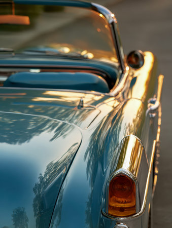 A timeless automobile with polished curves mirrors the leafy surroundings and golden twilight,...
