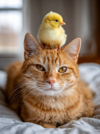 A sweet yellow chick finds comfort perched atop a tranquil ginger feline, both nestled on a plush...