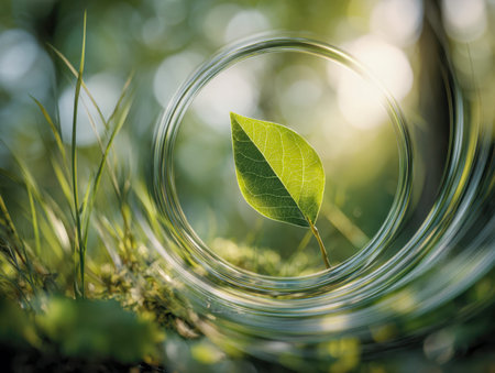 A vivid green leaf magnified through a rounded glass fragment, highlighting intricate veins and...