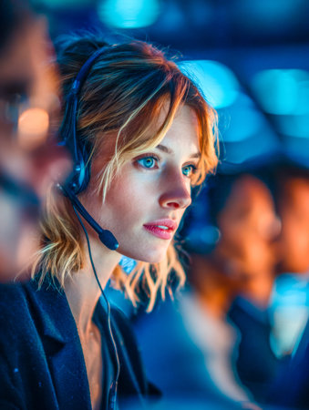 A dedicated woman intently listening on a headset amid a bustling call center, exuding...