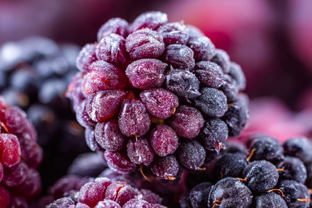 A vivid cluster of dark and crimson grapes blanketed in shimmering frost, capturing the quiet beauty...