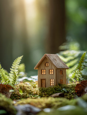 Nestled amid lush moss and delicate ferns, a tiny wooden cottage radiates a cozy glow, evoking...