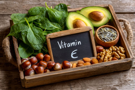A selection of health-boosting foods displayed on a rustic wooden tray, complemented by a chalkboard...