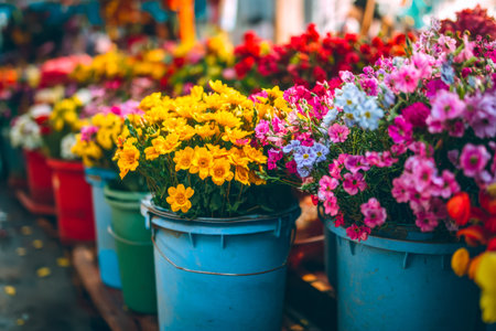 A lively market scene featuring an array of vividly colored blossoms arranged in buckets, creating a...