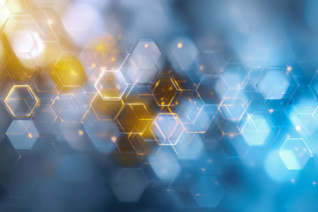 A vibrant digital composition featuring illuminated hexagons amidst a shimmering blue and gold...