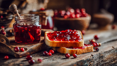 A cozy, countryside setting featuring a hearty loaf topped with vibrant berry preserves, surrounded by ripe fruits on a textured wooden surface.の写真素材