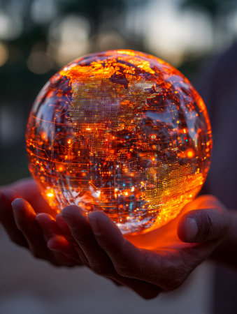 A luminous sphere cradled by hands captures the essence of worldwide unity, blending human touch...