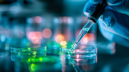 A skilled scientist analyzes precise samples amid advanced equipment and sleek digital displays,...